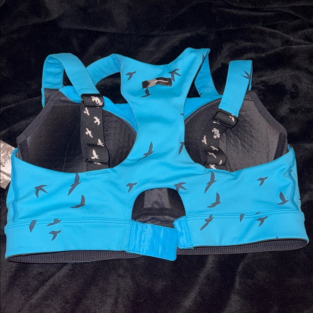 Oiselle Teal Bra with Black Bird Pattern 36C New - Picture 8 of 11